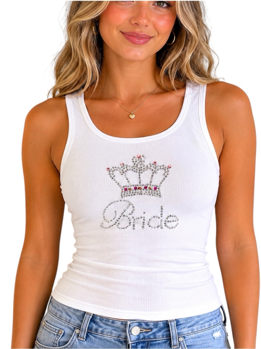 David’s Bridal Bride Rhinestone Crown Ribbed Tank Top White Stretch Size Large